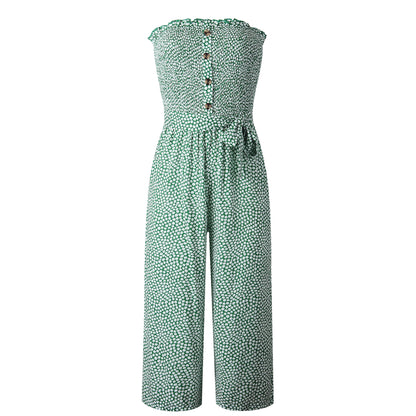 Off Shoulder Wrapped Chest Lace-up Print Jumpsuit With Pocket Backless Single-breasted Rompers