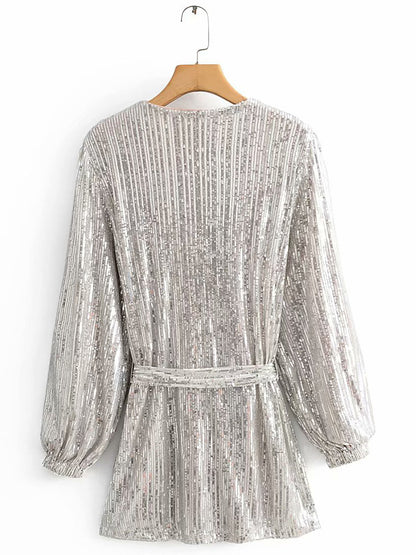 V-neck Sequins Puff Sleeve Lace-up Mini Dresses