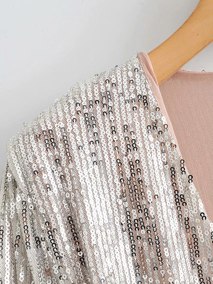 V-neck Sequins Puff Sleeve Lace-up Mini Dresses