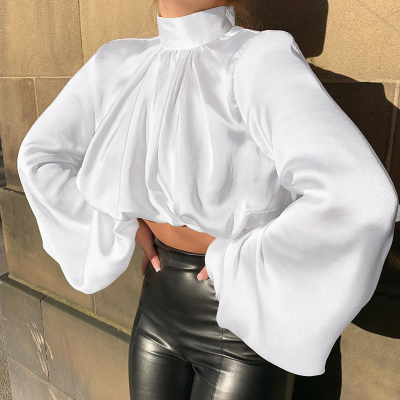 Flared Sleeve Satin Short Tops High Collar