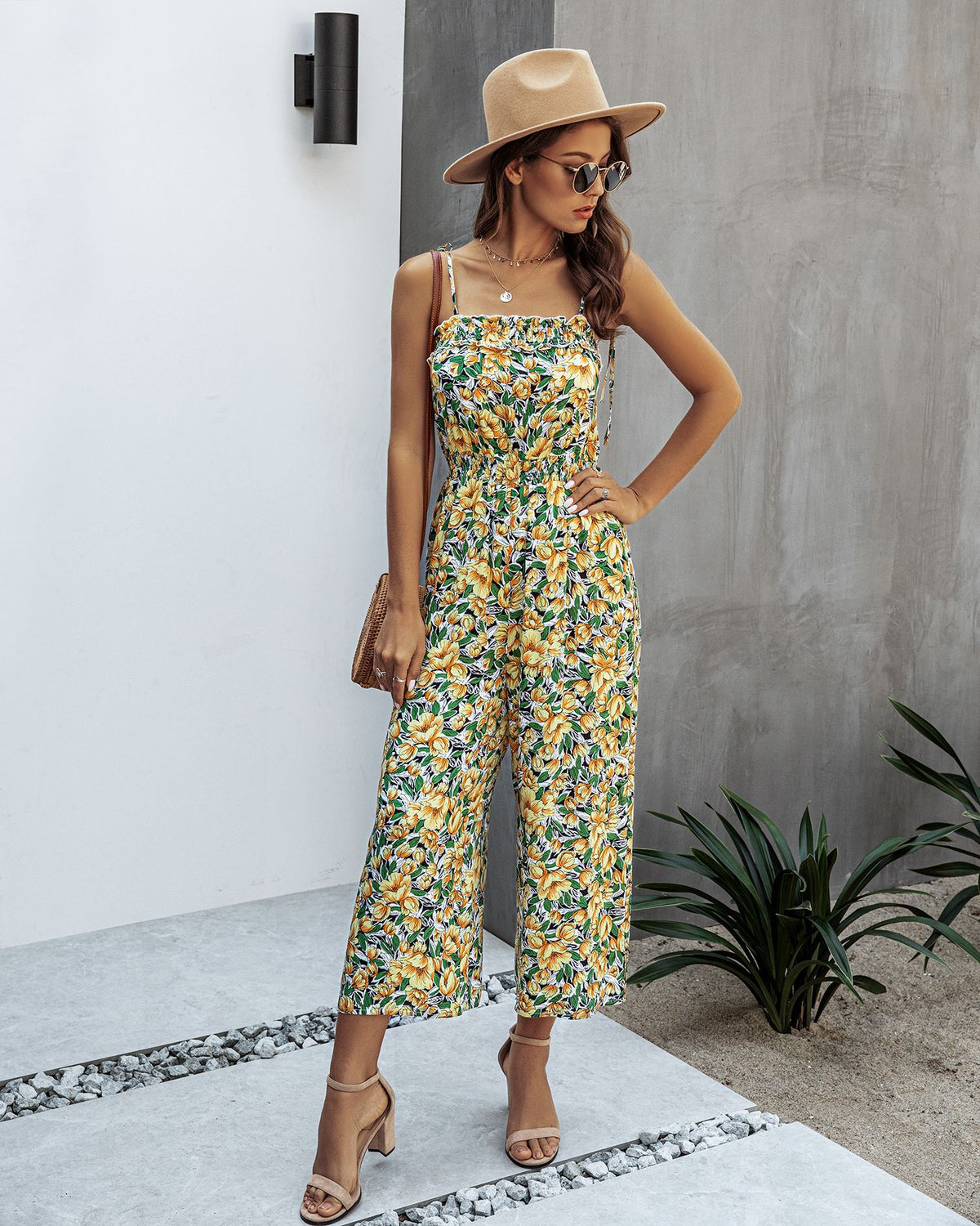 Off Shoulder Backless Suspenders Jumpsuit Elastic Waist Printed Rompers