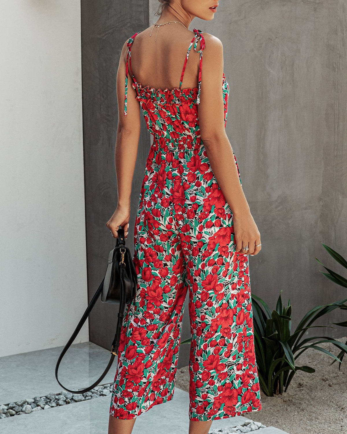 Off Shoulder Backless Suspenders Jumpsuit Elastic Waist Printed Rompers