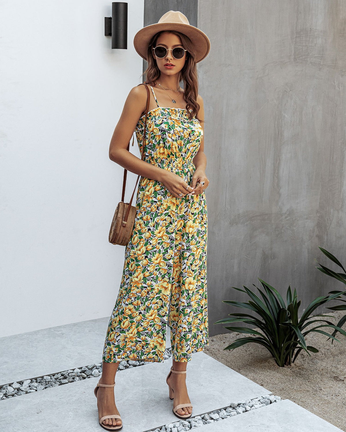 Off Shoulder Backless Suspenders Jumpsuit Elastic Waist Printed Rompers