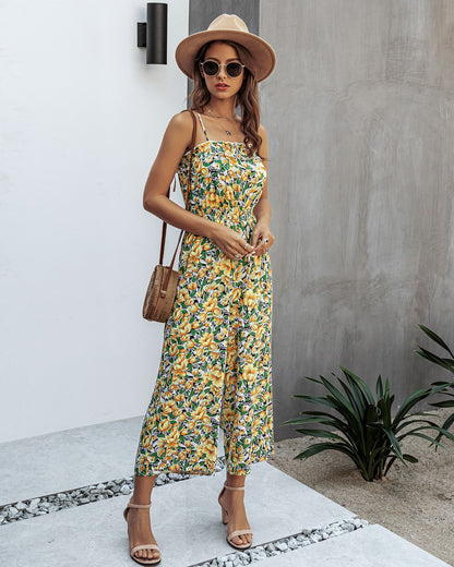 Off Shoulder Backless Suspenders Jumpsuit Elastic Waist Printed Rompers