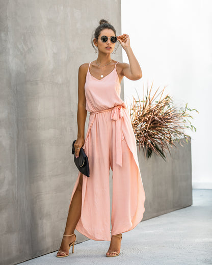 V-neck Suspender Irregular Wide Leg Side Jumpsuit