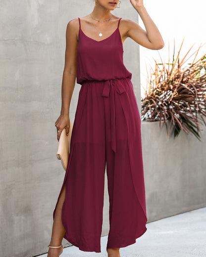 V-neck Suspender Irregular Wide Leg Side Jumpsuit