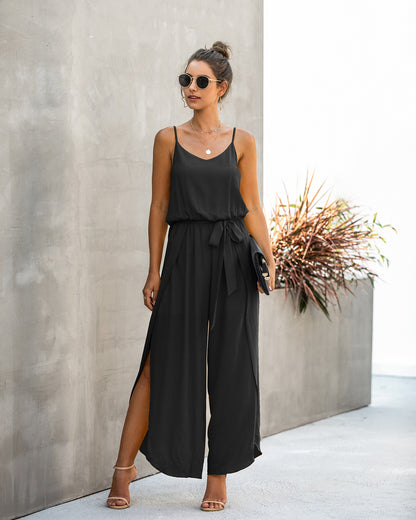 V-neck Suspender Irregular Wide Leg Side Jumpsuit