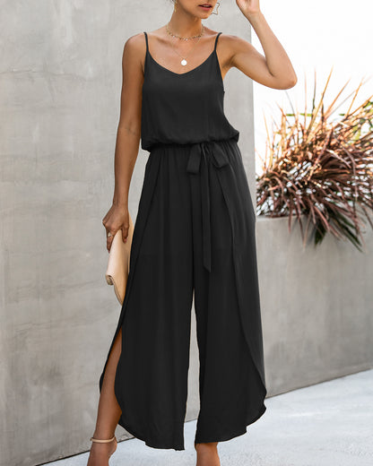 V-neck Suspender Irregular Wide Leg Side Jumpsuit