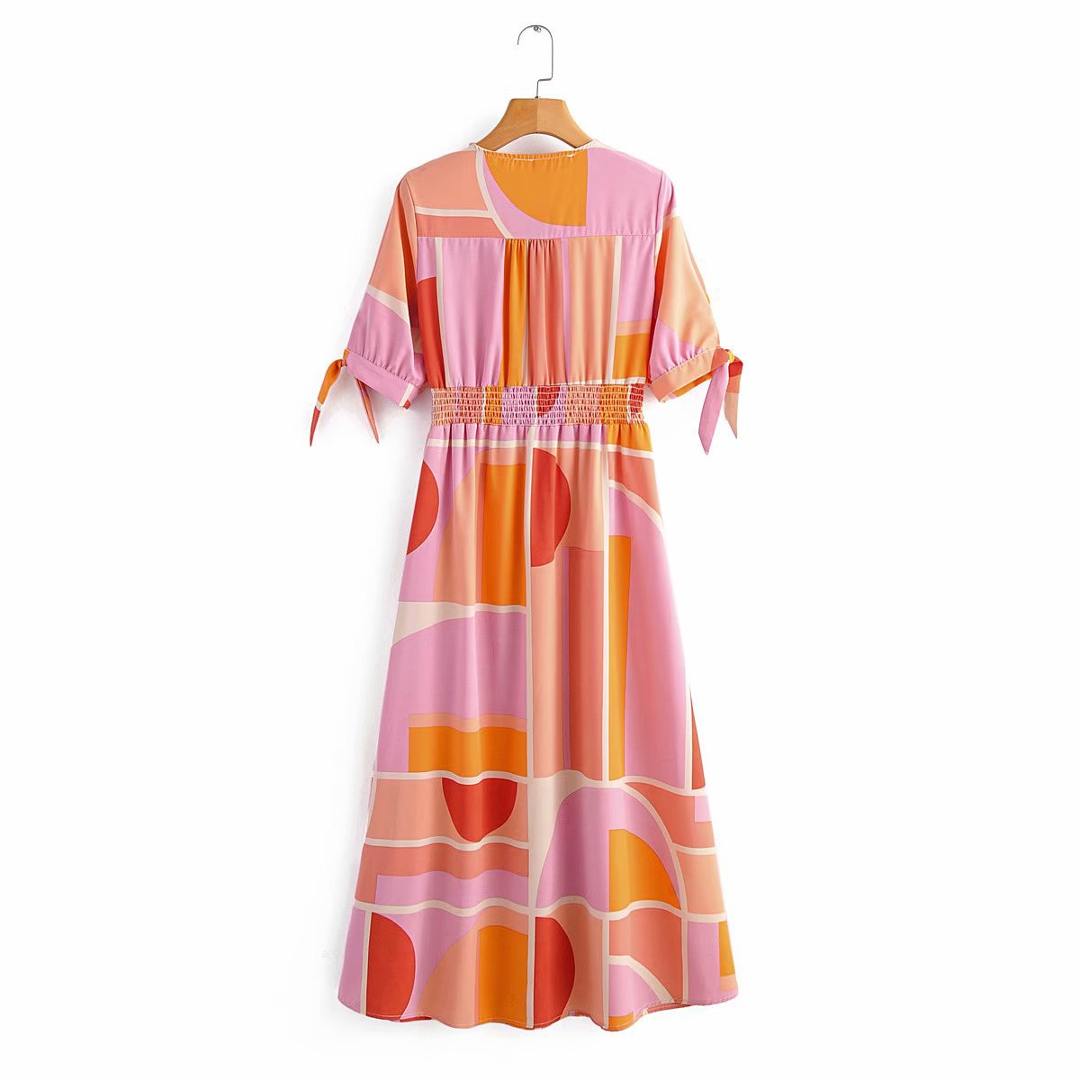 V-neck Single-breasted Floral Elastic Waist Midi Dresses
