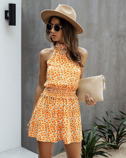 Womens Off Shoulder Halter Strapless Floral Print Jumpsuit Rompers