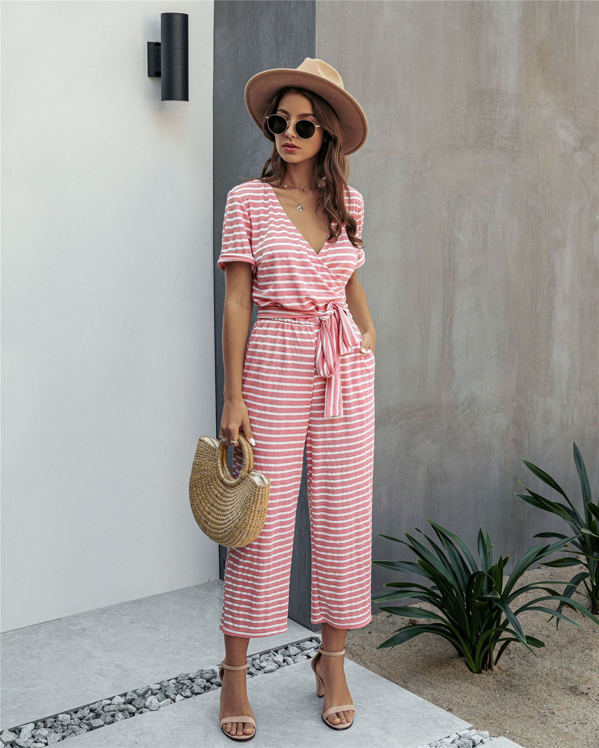 Stripe Print Tie Waisted Pocket Jumpsuit