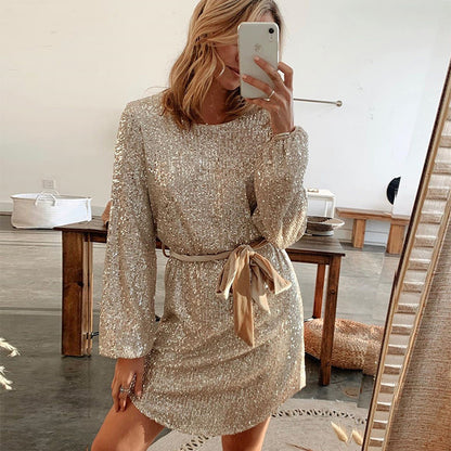Round Collar Lantern Sleeve Sequin Puff Sleeve Mini Dresses White