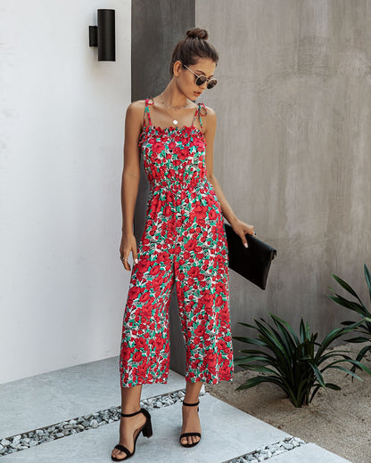 Off Shoulder Backless Suspenders Jumpsuit Elastic Waist Printed Rompers