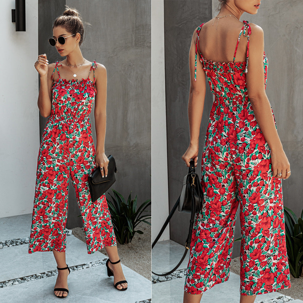 Off Shoulder Backless Suspenders Jumpsuit Elastic Waist Printed Rompers