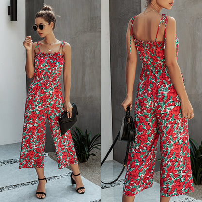 Off Shoulder Backless Suspenders Jumpsuit Elastic Waist Printed Rompers