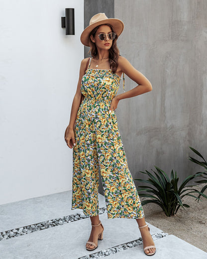 Off Shoulder Backless Suspenders Jumpsuit Elastic Waist Printed Rompers