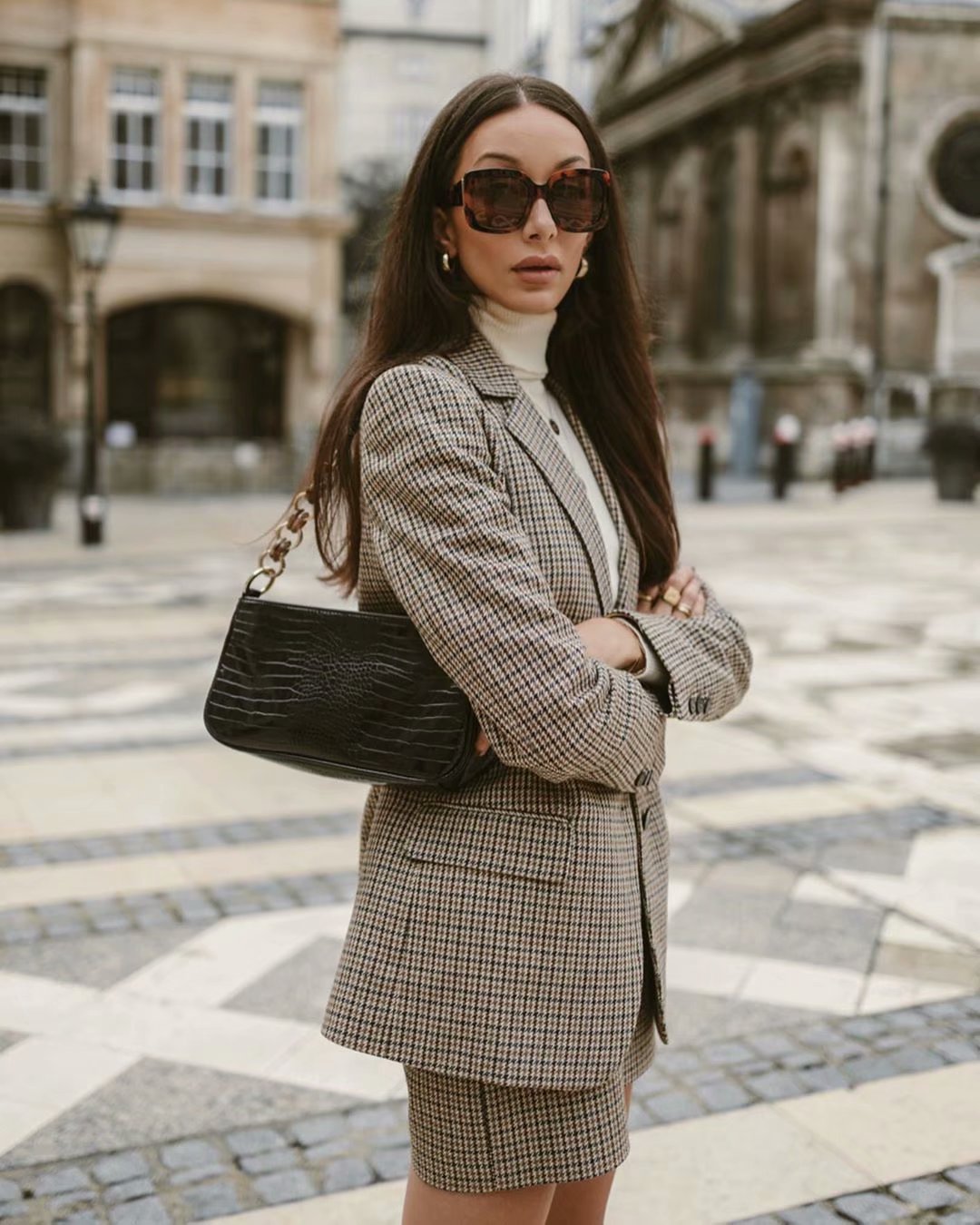 Single-breasted Houndstooth Coat Blazer Skirt Two-piece Suit