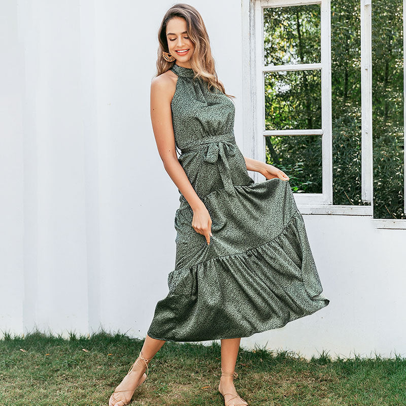 Elegant Green Sleeveless Halter Floral Maxi Dresses