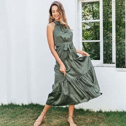 Elegant Green Sleeveless Halter Floral Maxi Dresses