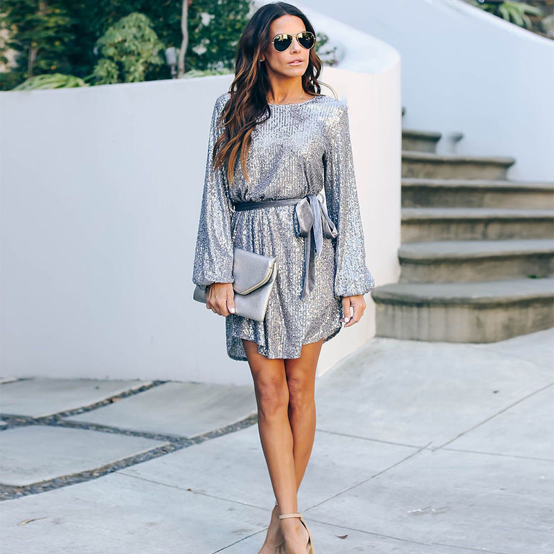 Round Collar Lantern Sleeve Sequin Puff Sleeve Mini Dresses