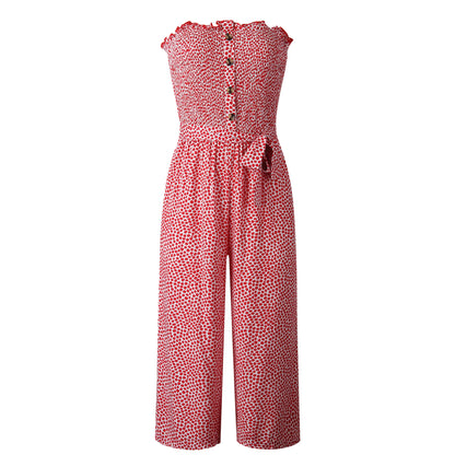 Off Shoulder Wrapped Chest Lace-up Print Jumpsuit With Pocket Backless Single-breasted Rompers