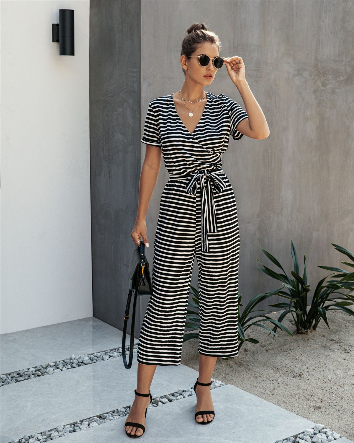 Stripe Print Tie Waisted Pocket Jumpsuit