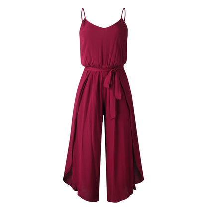 V-neck Suspender Irregular Wide Leg Side Jumpsuit