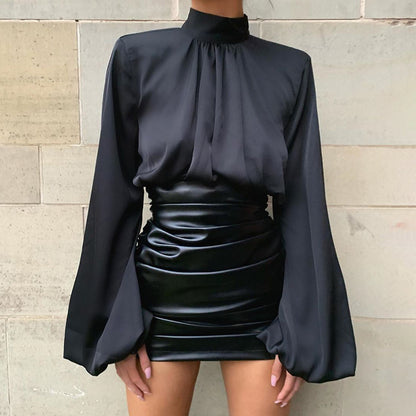 Flared Sleeve Satin Short Tops High Collar