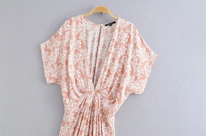 Batwing Sleeve V-neck Split Floral Maxi Dresses
