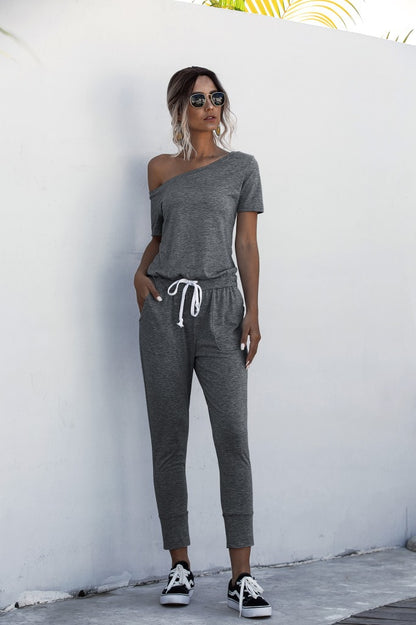 Diagonal Shoulder Lace-up Short Sleeve Casual Jumpsuit Rompers