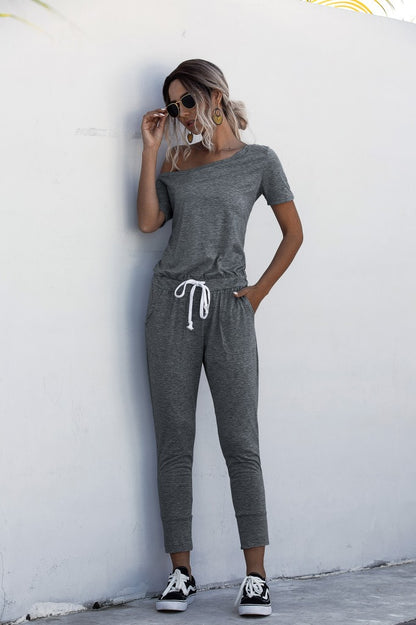 Diagonal Shoulder Lace-up Short Sleeve Casual Jumpsuit Rompers
