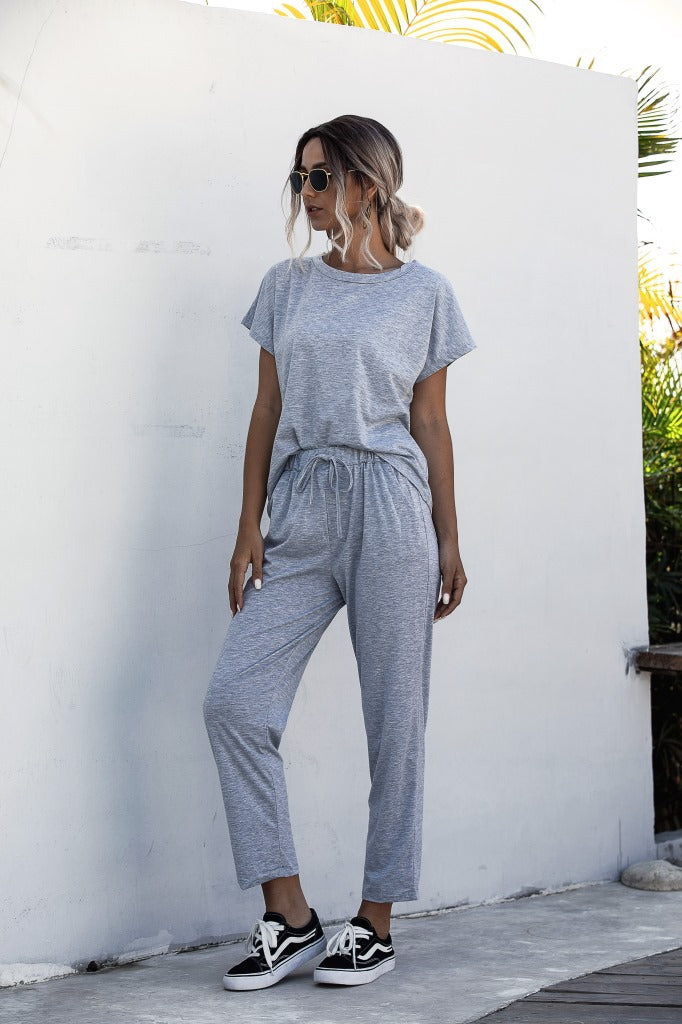Round Collar Lace-up Short Sleeve Casual Two-piece Sport Set Home Workout Fitness S to XXXL Plus