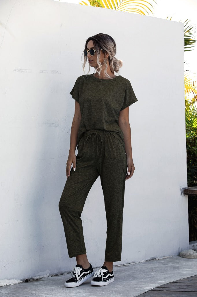 Round Collar Lace-up Short Sleeve Casual Two-piece Sport Set Home Workout Fitness S to XXXL Plus
