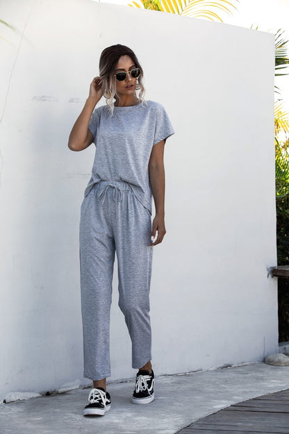 Round Collar Lace-up Short Sleeve Casual Two-piece Sport Set Home Workout Fitness S to XXXL Plus