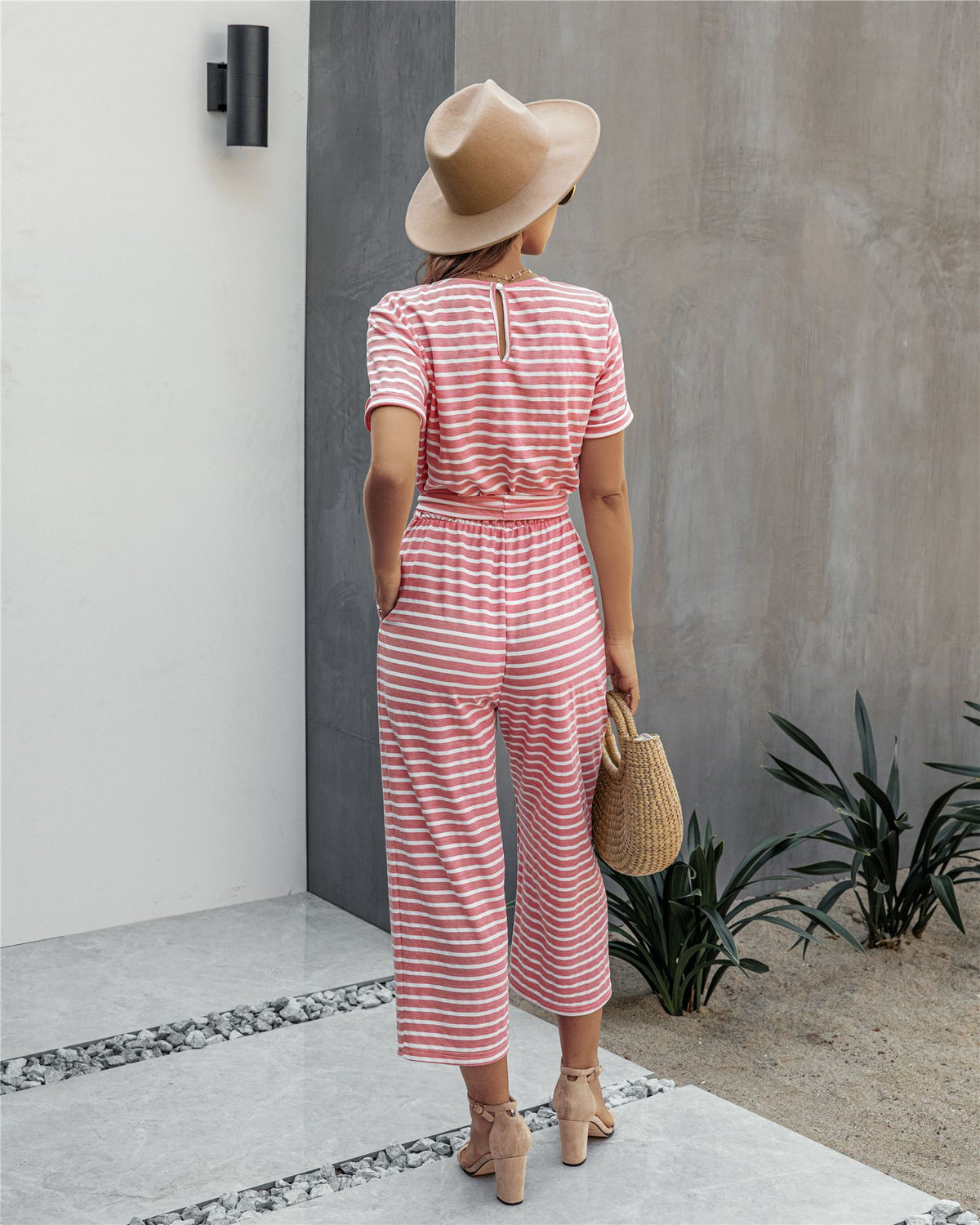 Stripe Print Tie Waisted Pocket Jumpsuit