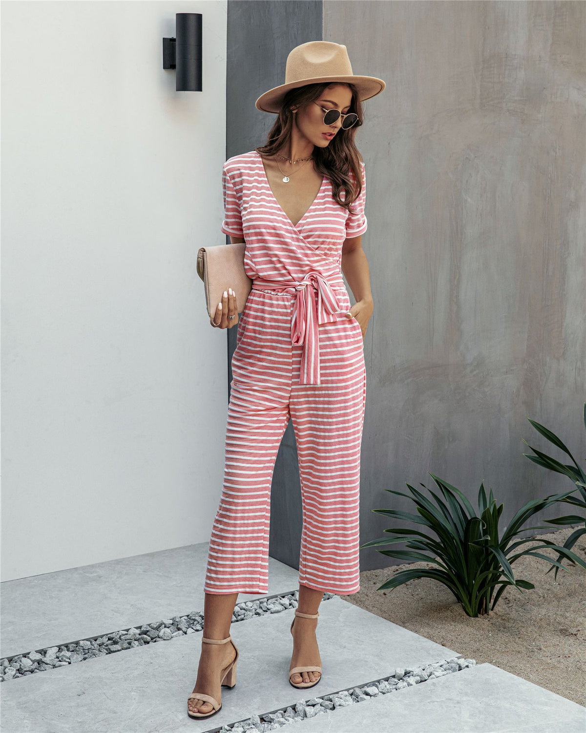 Stripe Print Tie Waisted Pocket Jumpsuit
