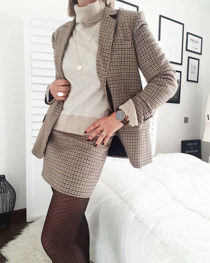 Single-breasted Houndstooth Coat Blazer Skirt Two-piece Suit
