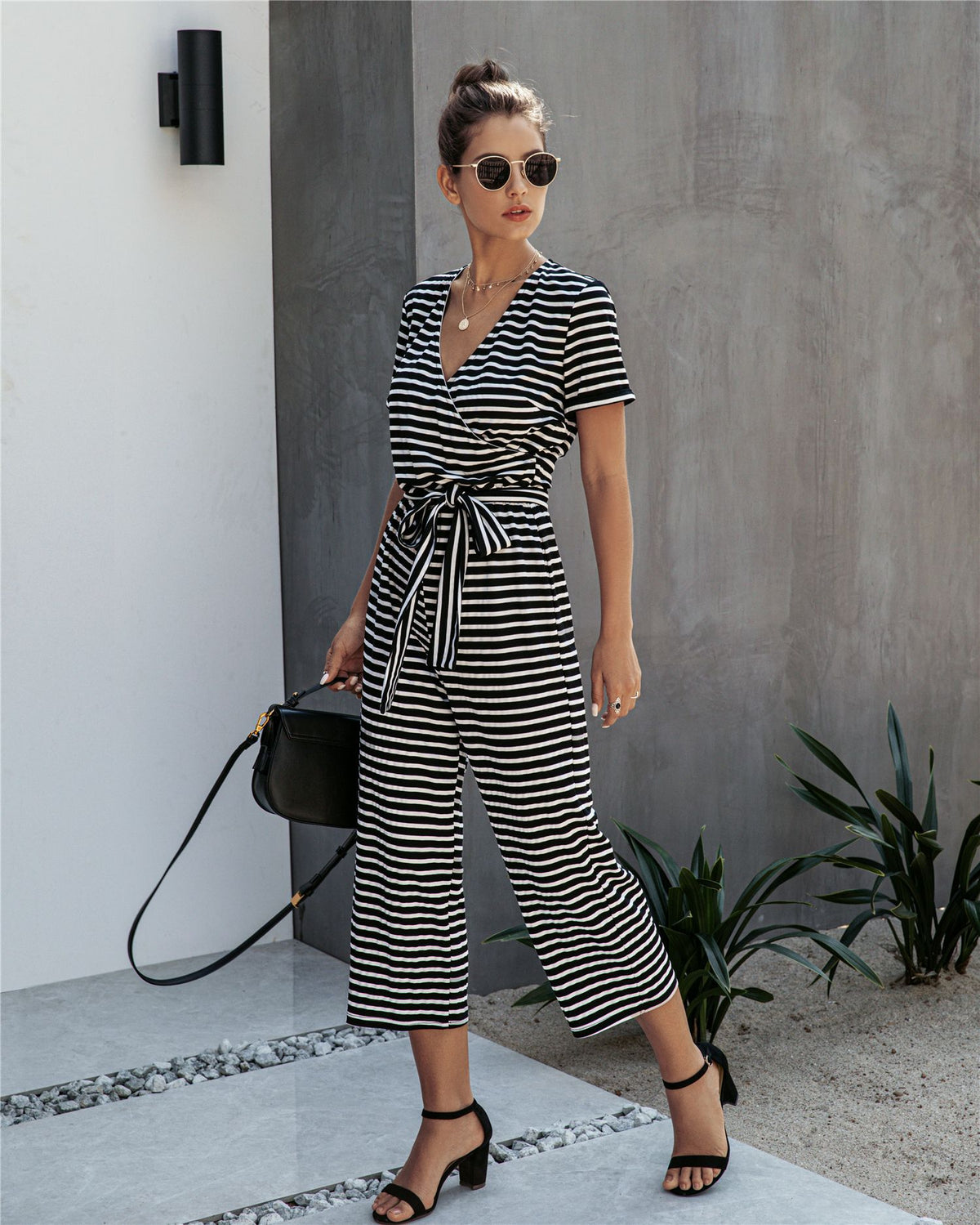 Stripe Print Tie Waisted Pocket Jumpsuit