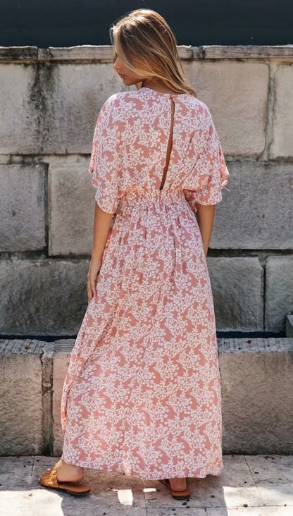 Batwing Sleeve V-neck Split Floral Maxi Dresses