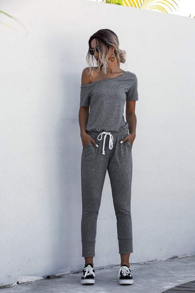 Diagonal Shoulder Lace-up Short Sleeve Casual Jumpsuit Rompers