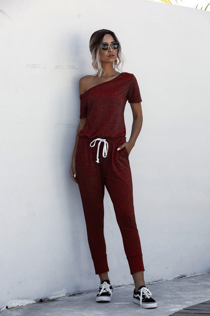 Diagonal Shoulder Lace-up Short Sleeve Casual Jumpsuit Rompers