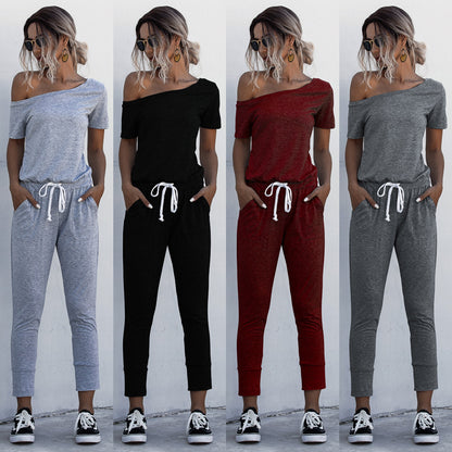 Diagonal Shoulder Lace-up Short Sleeve Casual Jumpsuit Rompers