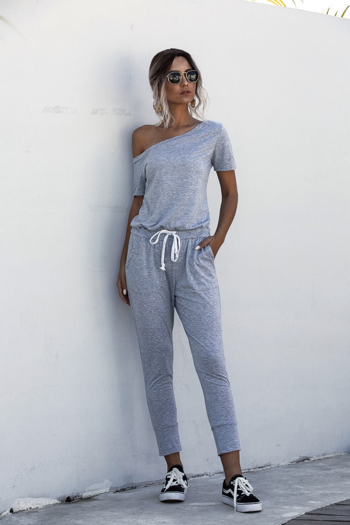 Diagonal Shoulder Lace-up Short Sleeve Casual Jumpsuit Rompers