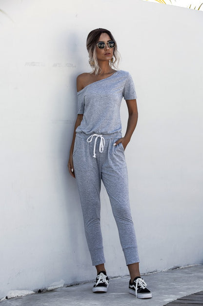Diagonal Shoulder Lace-up Short Sleeve Casual Jumpsuit Rompers