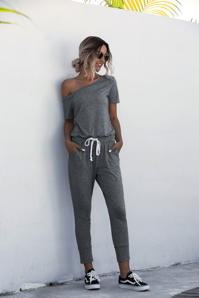 Diagonal Shoulder Lace-up Short Sleeve Casual Jumpsuit Rompers