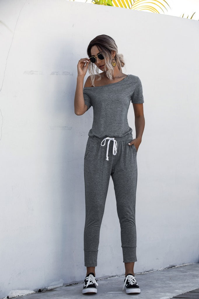 Diagonal Shoulder Lace-up Short Sleeve Casual Jumpsuit Rompers