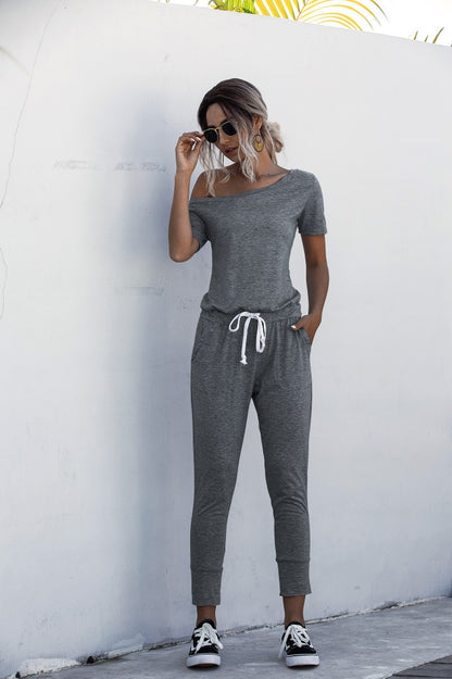 Diagonal Shoulder Lace-up Short Sleeve Casual Jumpsuit Rompers