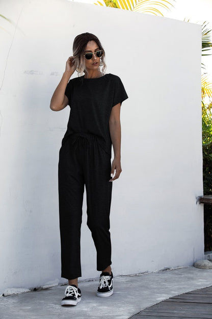 Round Collar Lace-up Short Sleeve Casual Two-piece Sport Set Home Workout Fitness S to XXXL Plus