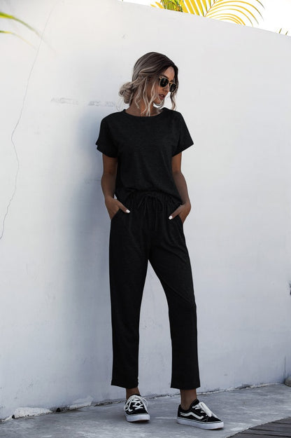 Round Collar Lace-up Short Sleeve Casual Two-piece Sport Set Home Workout Fitness S to XXXL Plus