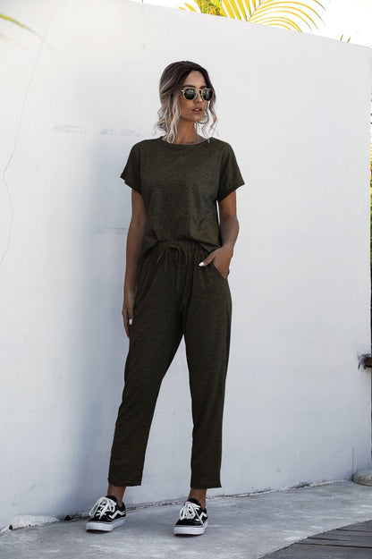 Round Collar Lace-up Short Sleeve Casual Two-piece Sport Set Home Workout Fitness S to XXXL Plus